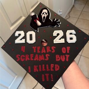 Black Graduation Cap topper with Red and White Decorations